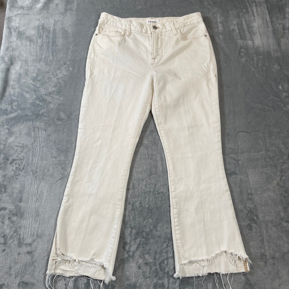 FRAME Le Crop Mini Boot Jeans Size 28 Cream Off White Raw Hem Denim